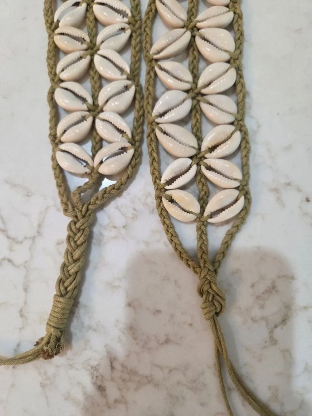 VTG Handmade Boho Macrame Cowrie Shell Belt OS‎ Tan Braided Tie Waist Artisan